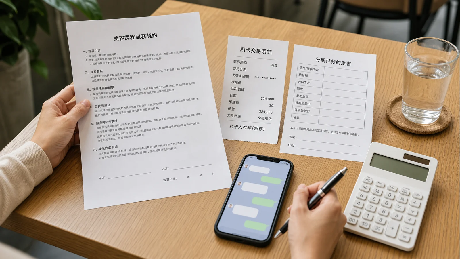 桌上整理服務契約、刷卡明細與分期付款約定書