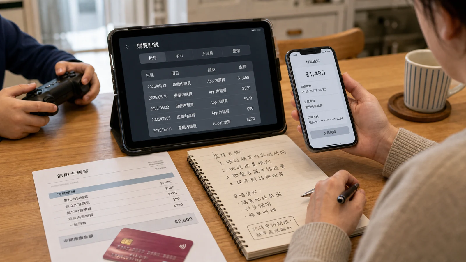 家長整理遊戲課金帳單與手機驗證紀錄