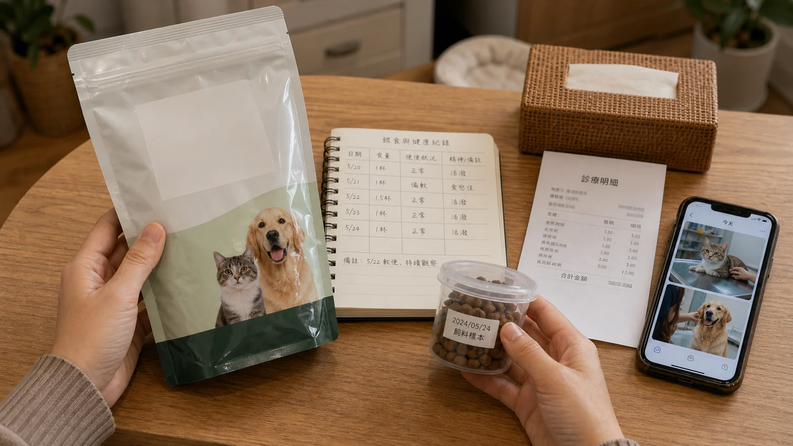 飼主整理包裝、批號與獸醫紀錄的情境照