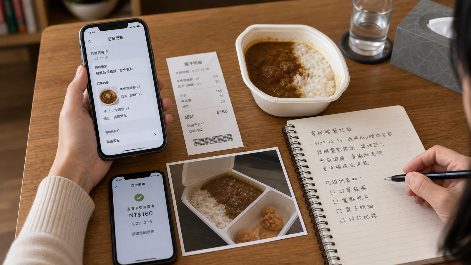 消費者整理外送餐點與手機客服紀錄