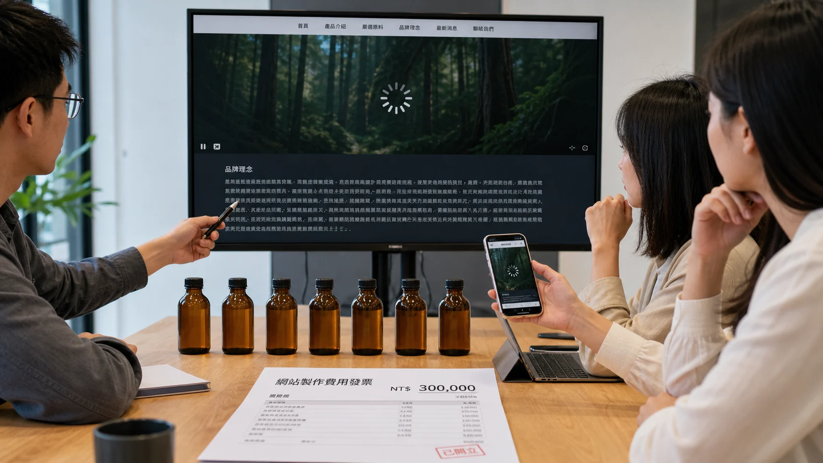 七瓶產品已經排在桌上,三十萬元網站仍受首頁影片載入與大量專業說明影響