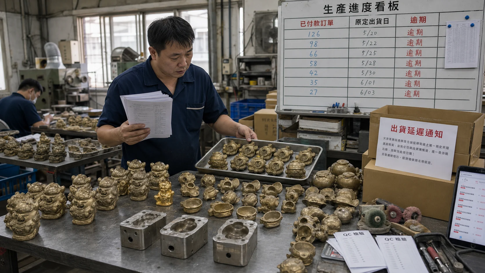 已付款訂單持續累積，工廠桌上仍有大量未完成的金屬零件，原定出貨日已經逾期