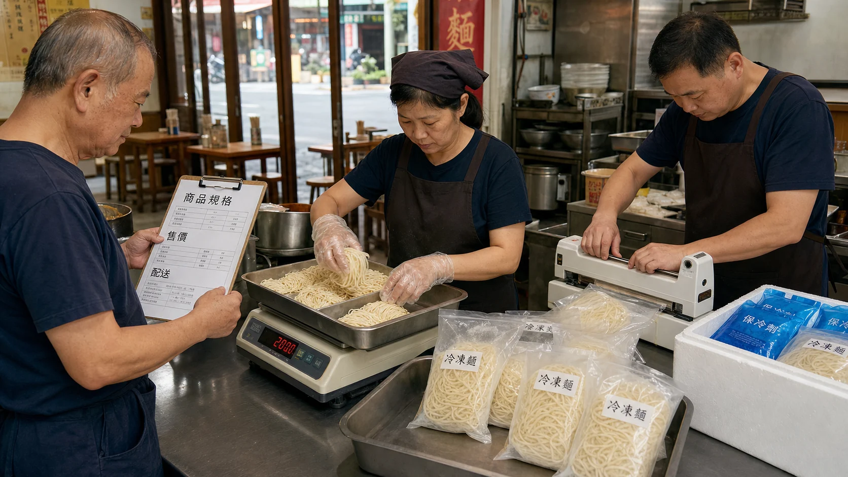 傳統麵店工作人員將麵條秤重、封裝成冷凍包，並核對商品規格、售價與配送方式