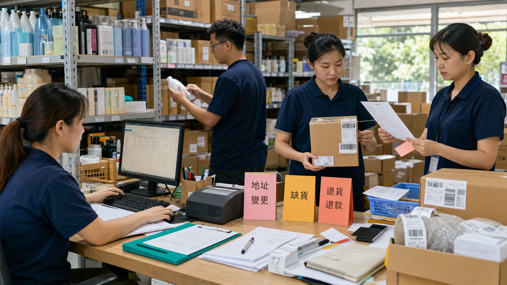 傳統產業的行政、倉庫、包裝與客服人員在同一張工作桌演練地址變更、商品缺貨及退貨退款三種訂單異常