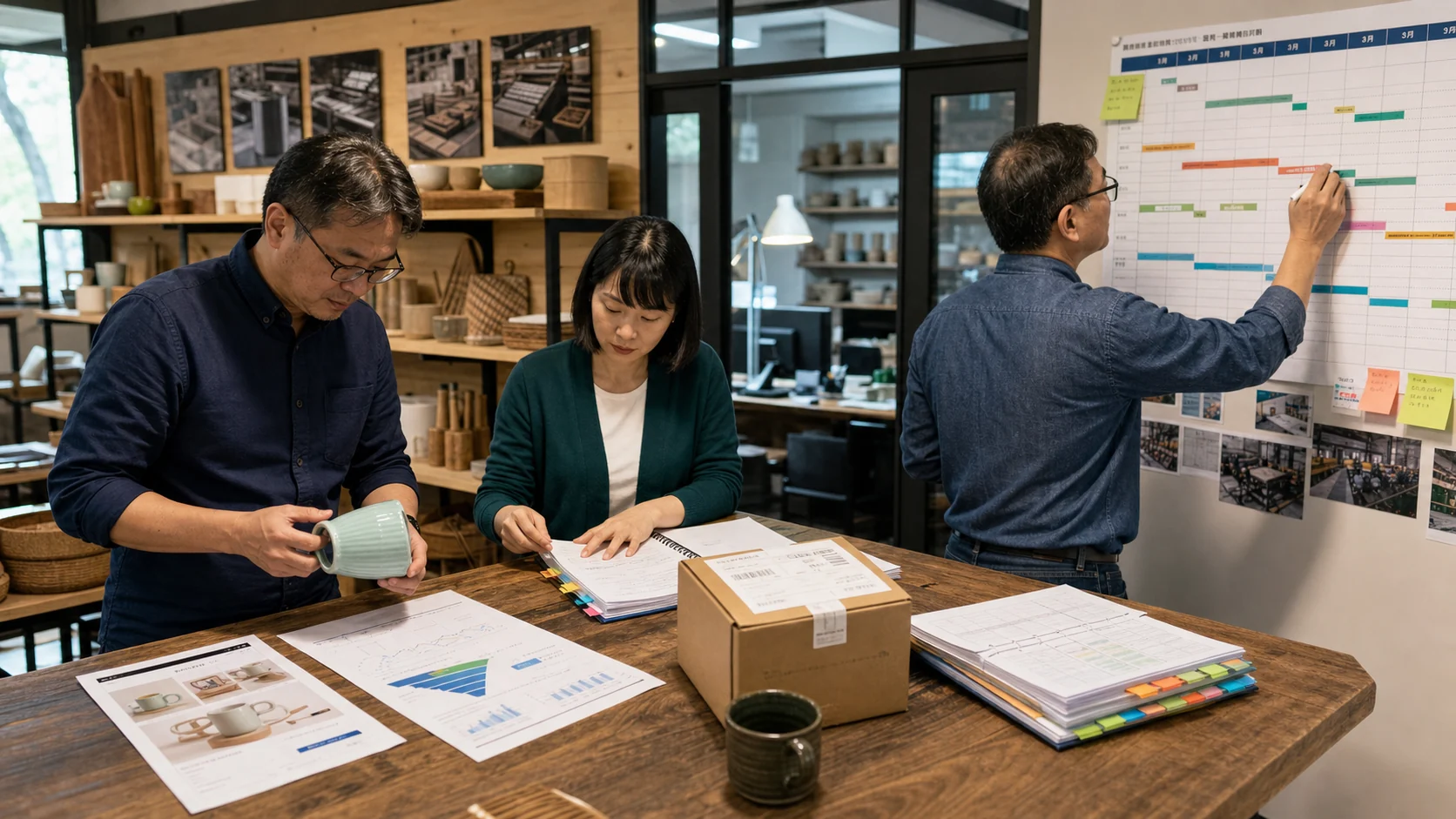 傳統產業公司人員在產品展示與辦公空間比對商品樣品、測試訂單、流量報表、操作文件及第一年時程