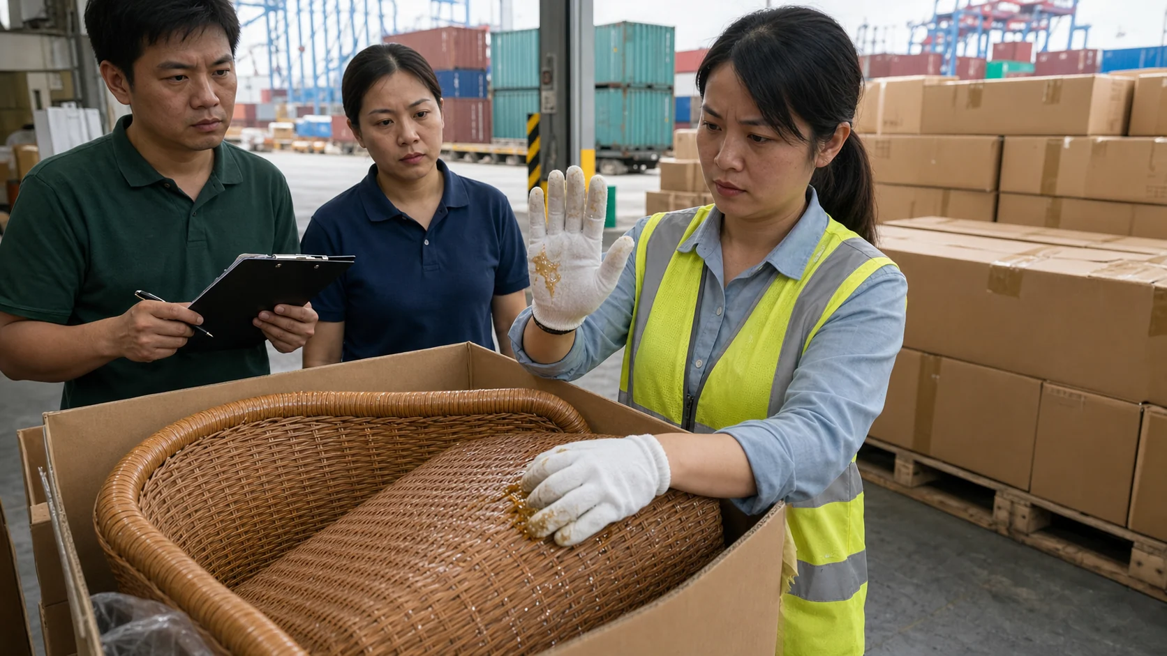 港口驗貨人員從已裝箱的藤編家具表面發現黏著與塗層仍未乾燥,因此停止出貨