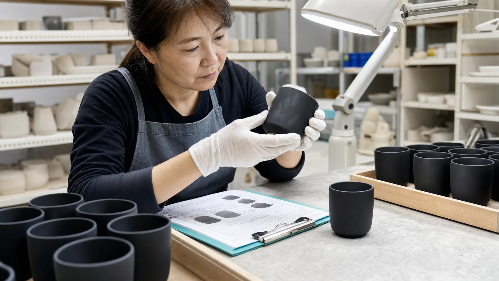 品牌人員依表面指紋與磨砂釉標準驗收杯子