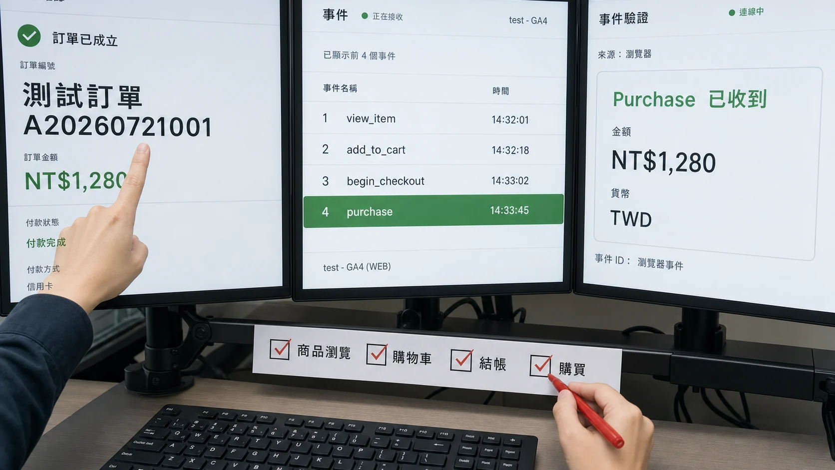 技術與營運人員用一筆測試訂單核對購買事件