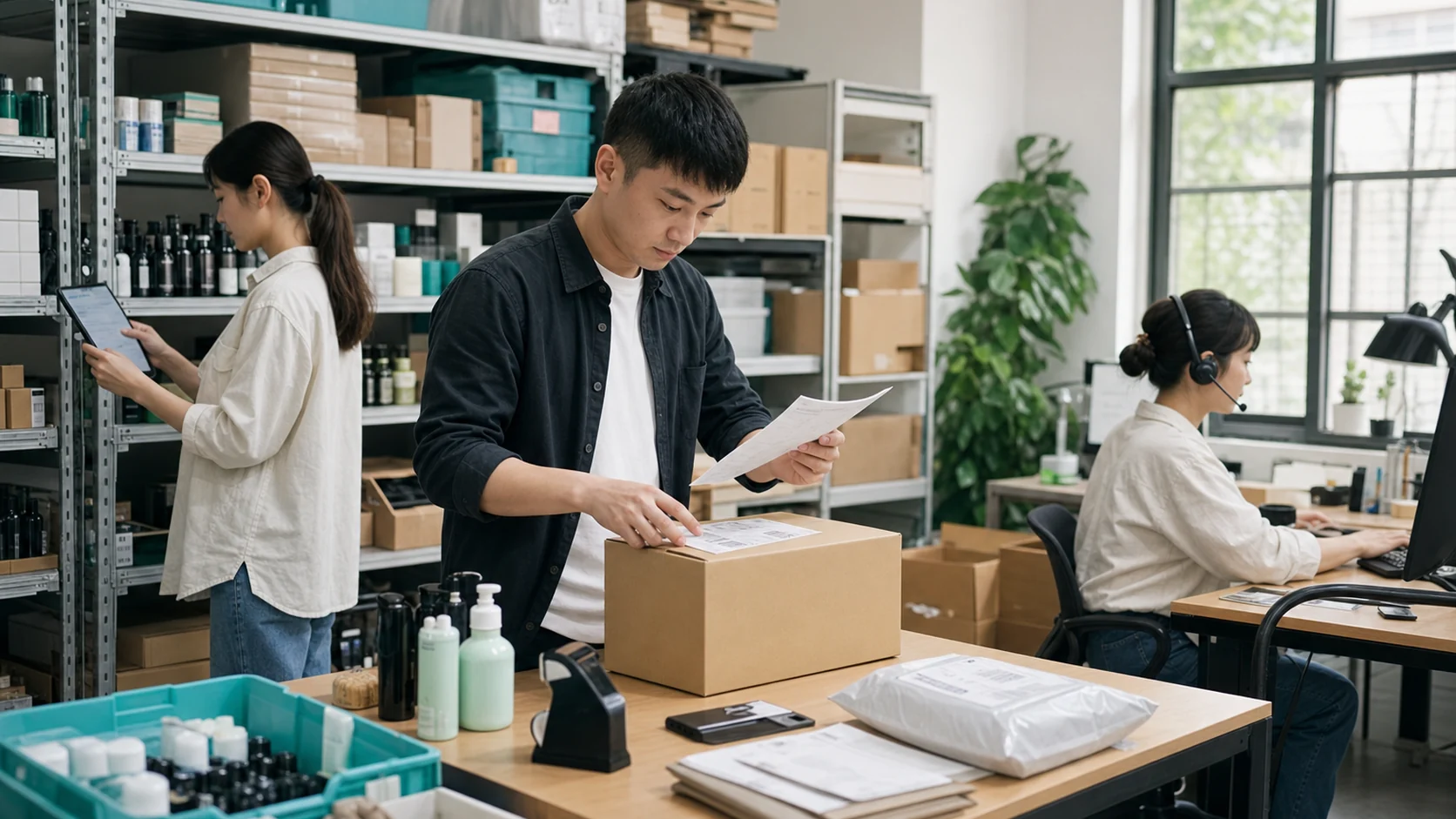 小型電商團隊分別核對商品庫存、訂單包裹與客服紀錄,讓工作可以依序交接