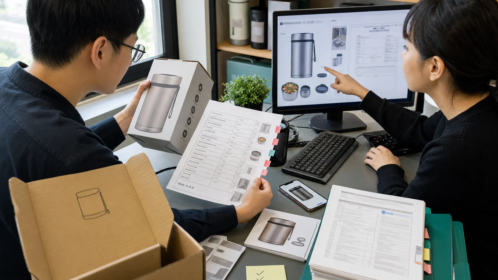 電商人員拿著實體商品包裝與標示查核表,對照商品頁及官方資料確認同一項商品資訊