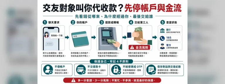 交友對象叫我代收款、借帳戶怎麼辦？先看警示帳戶和金流風險