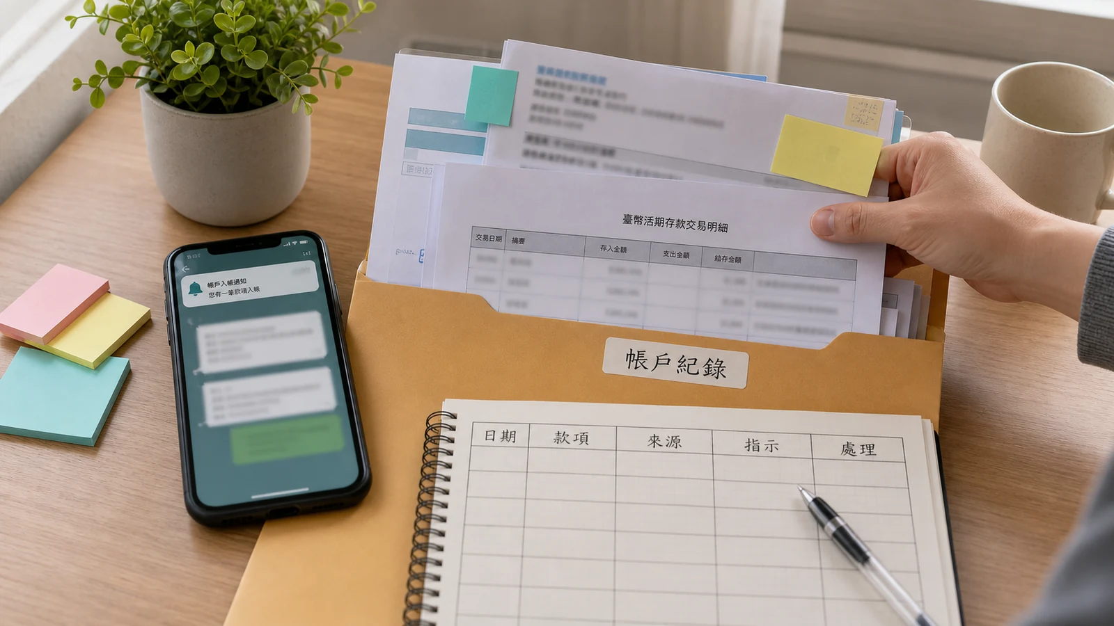 銀行通知、交易明細與手機對話紀錄放在資料夾中的情境照