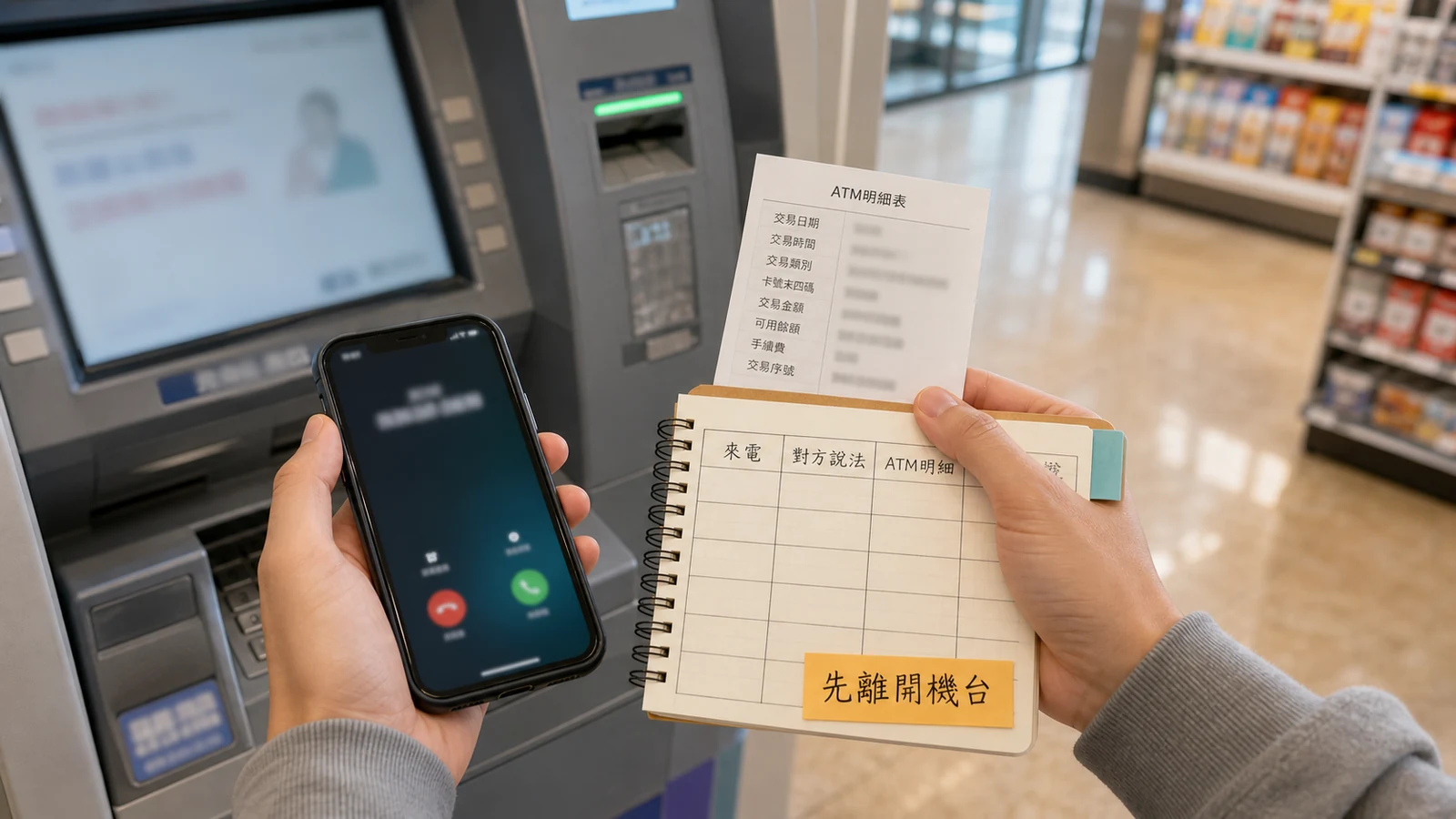 ATM 機台旁有人查看手機通話與交易明細並整理紀錄的情境照