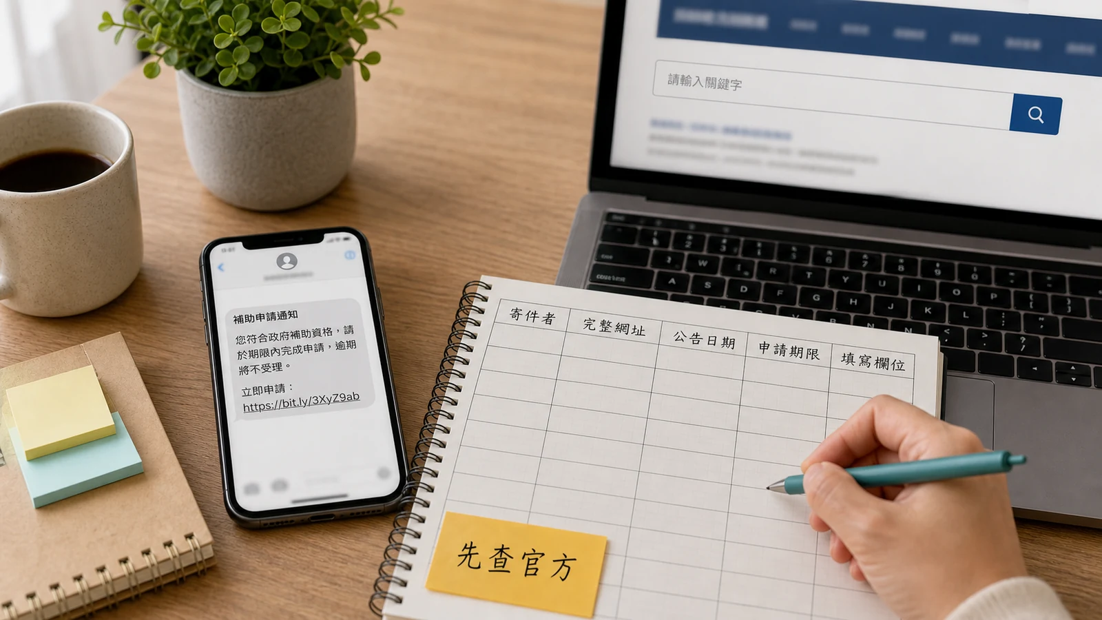 手機收到政府名義領錢簡訊,旁邊筆記整理網址與查證資料