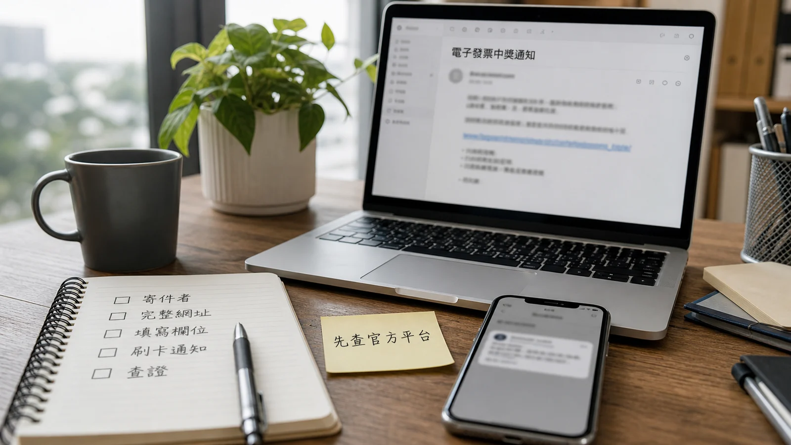 筆電顯示模糊的發票中獎郵件，旁邊整理信用卡通知與網址紀錄