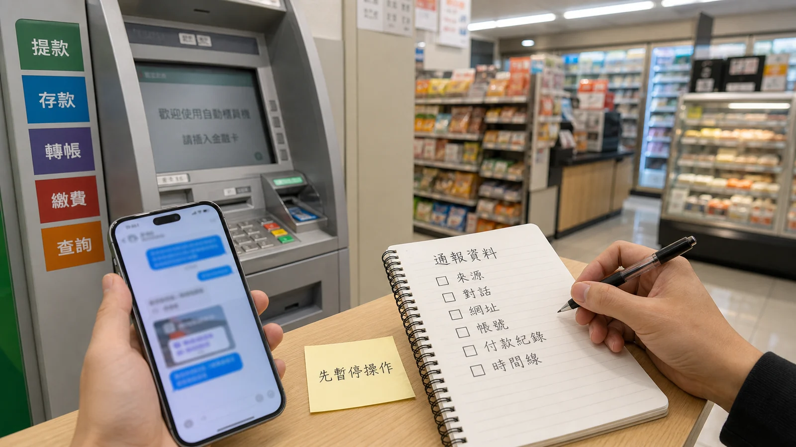 便利商店 ATM 旁整理手機對話與交易紀錄的情境照