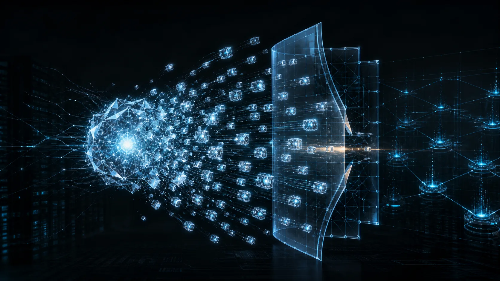 發光的 AI 模型核心分裂成許多小型模組，穿過未完全封閉的安全網格，象徵開放權重模型的擴散與安全防護落差
