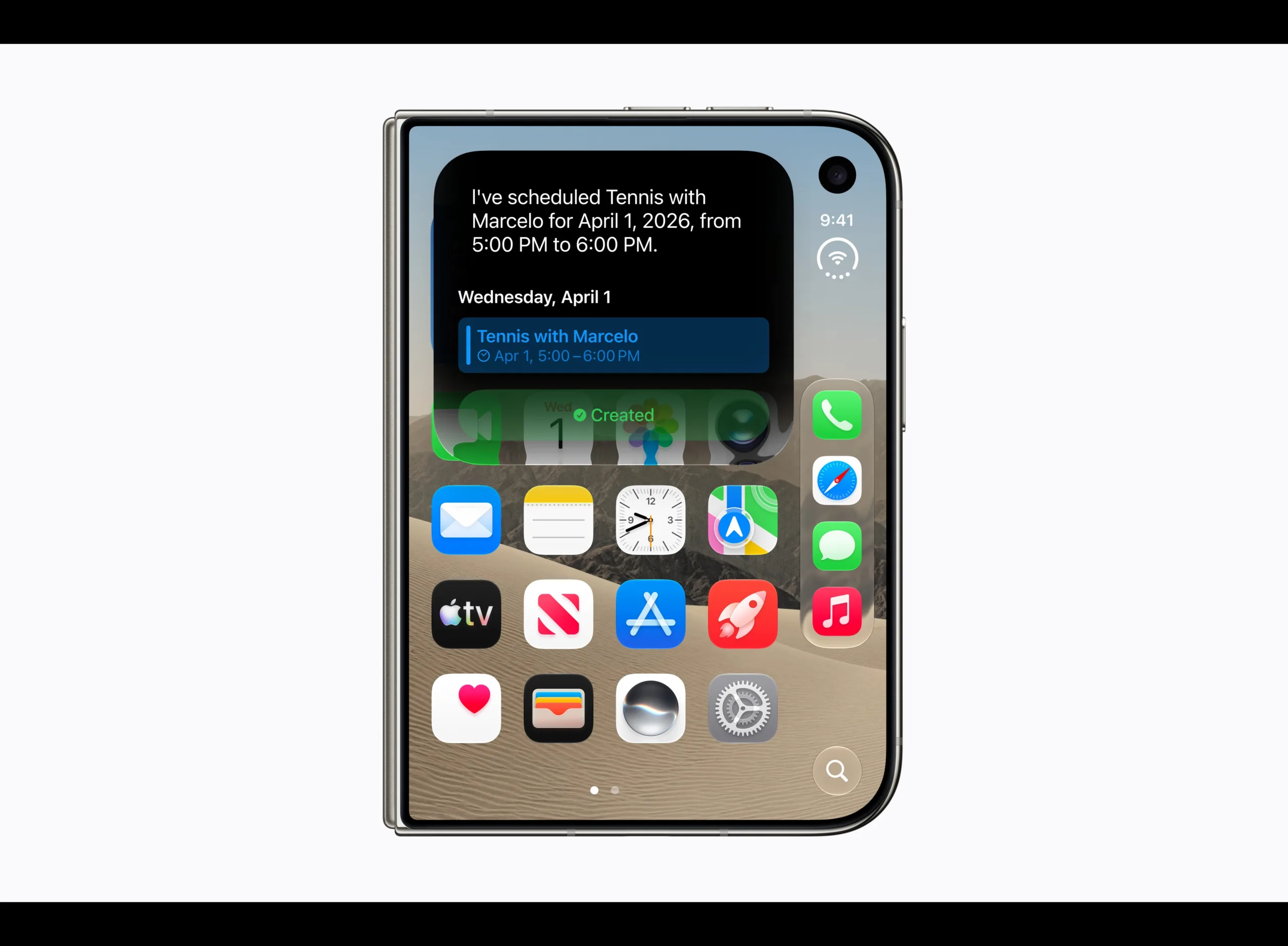 iPhone Duo螢幕顯示Siri已建立與Marcelo打網球的行事曆項目。