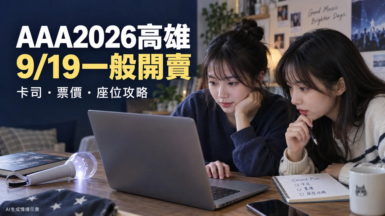 AAA2026高雄9月19日一般開賣,歌迷使用筆電準備購票的AI情境圖