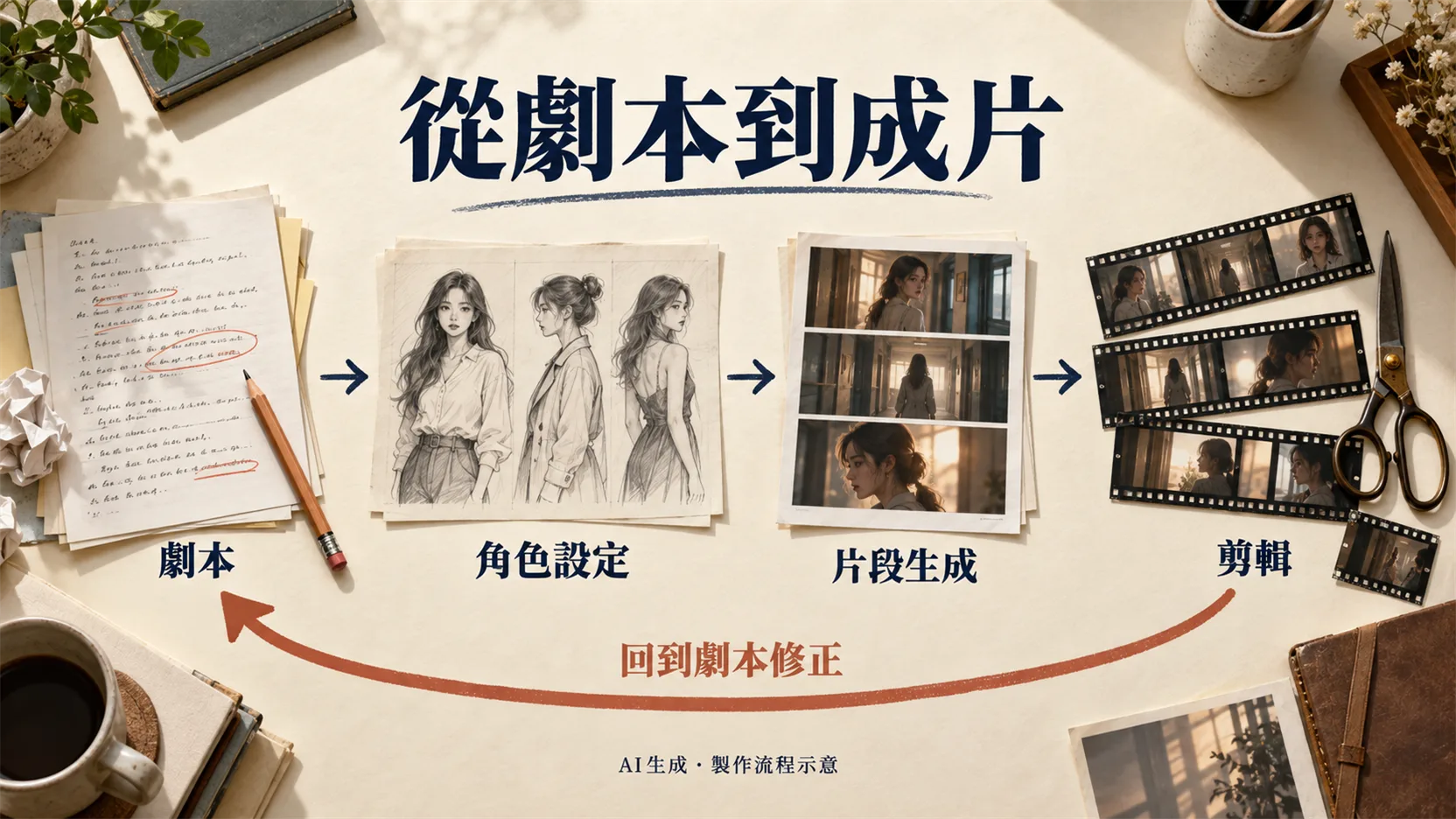 AI短片製作流程:劇本、角色設定、片段生成與剪輯,剪輯後可回到劇本修正