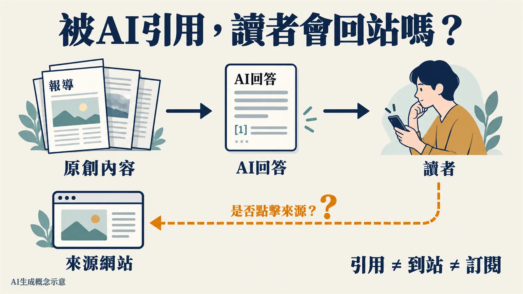 原創內容連向AI回答與讀者,讀者再經標示是否點擊來源的虛線連回來源網站,下方寫著引用不等於到站、不等於訂閱。