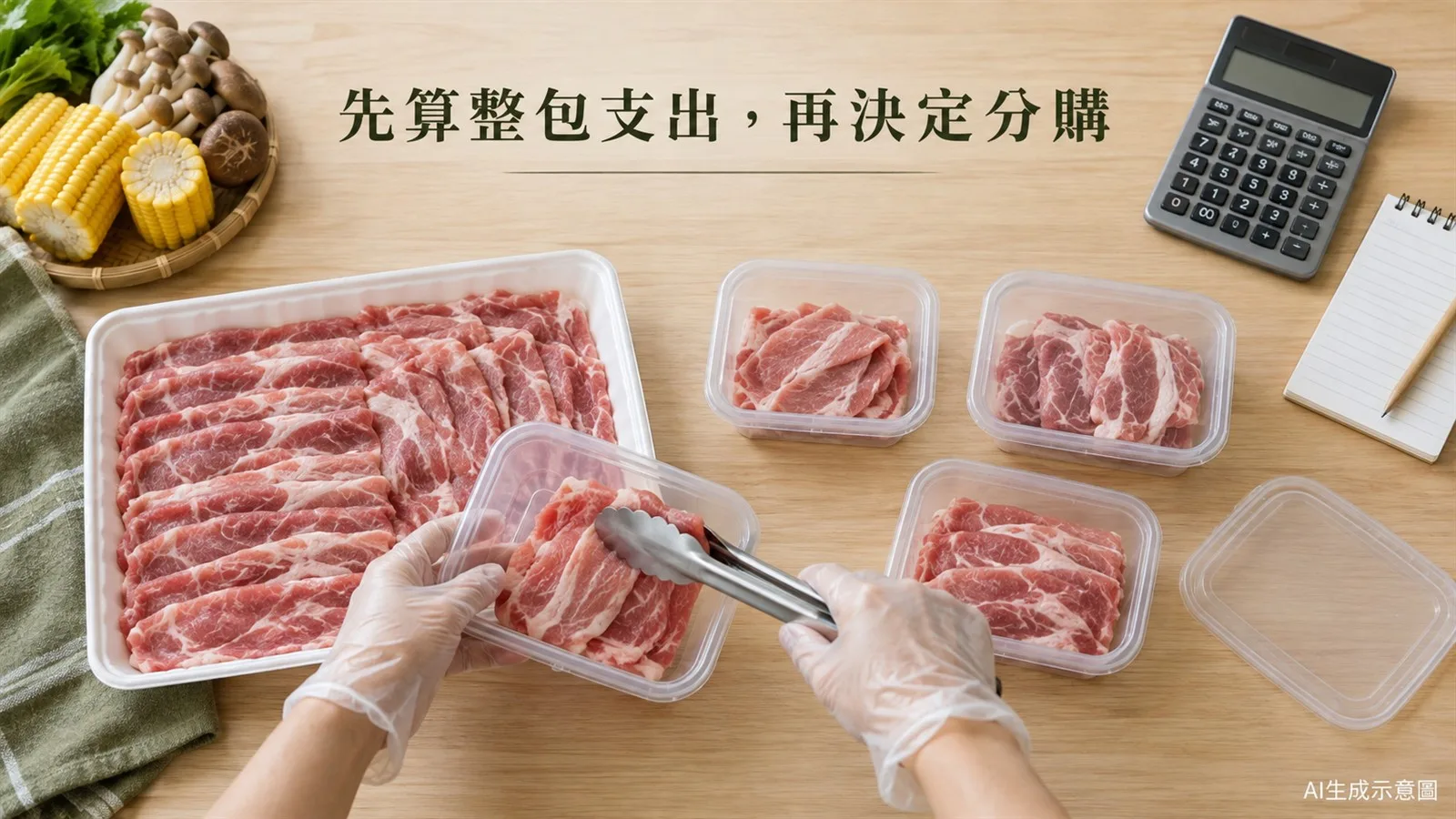 戴手套的人用夾子將肉片分裝至保鮮盒,桌旁放有計算機與採買筆記