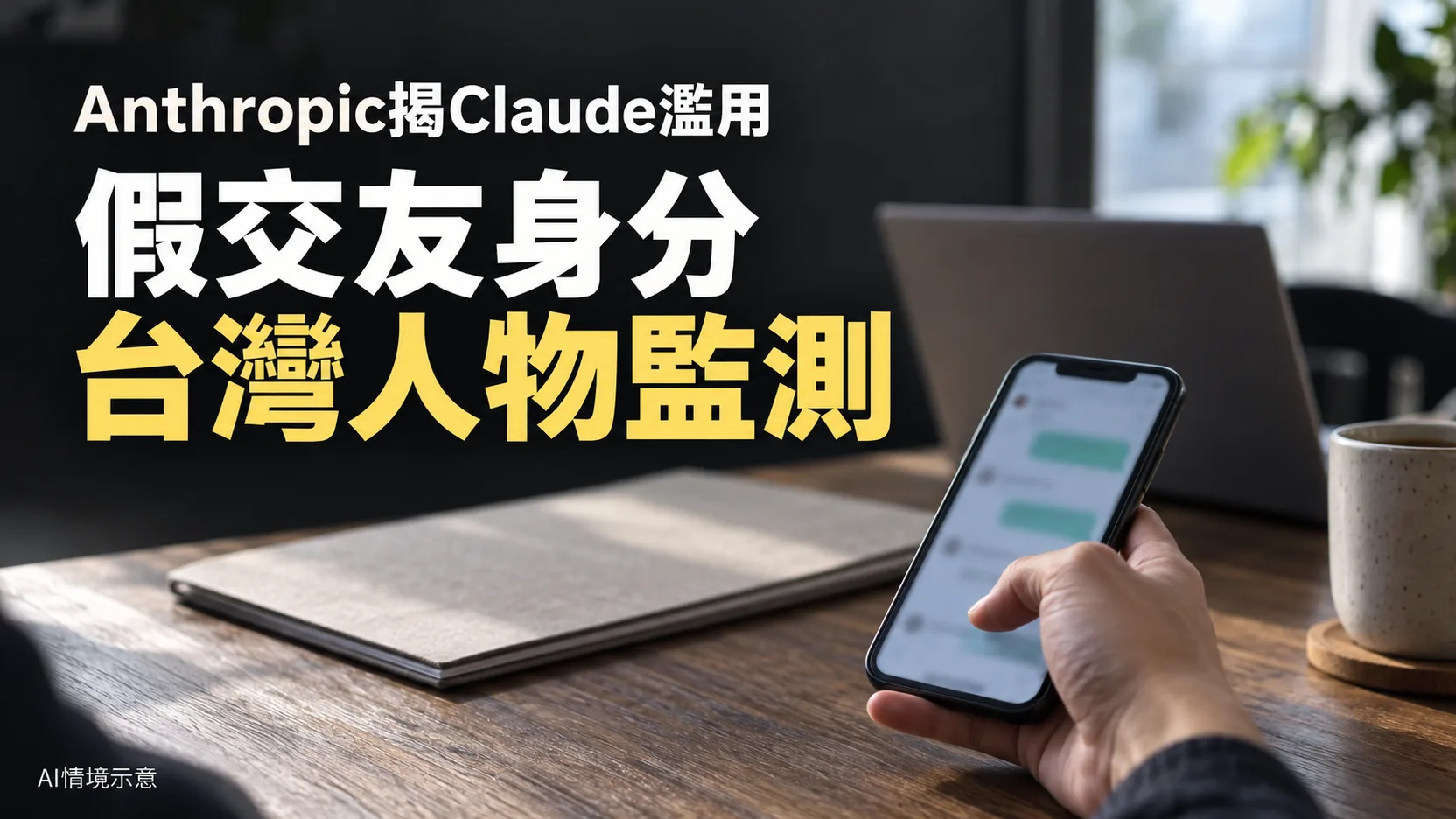 主圖以查看手機的情境搭配「假交友身分、台灣人物監測」標題,眉標註明Anthropic揭Claude濫用