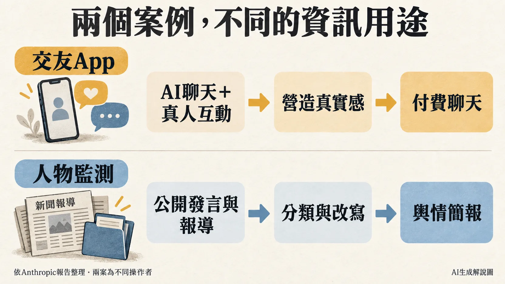 兩個獨立流程:交友App以AI聊天與真人互動營造真實感並收費;人物監測將公開內容分類改寫為輿情簡報