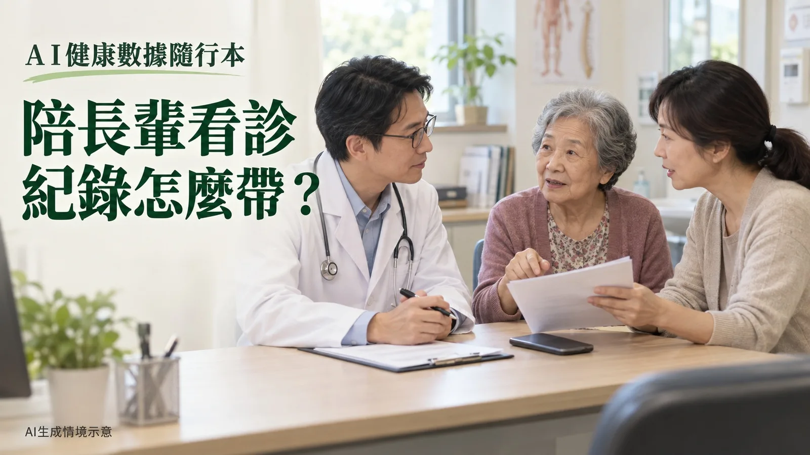 長輩與家屬在診間和醫師查看文件,圖上標題為陪長輩看診,紀錄怎麼帶。