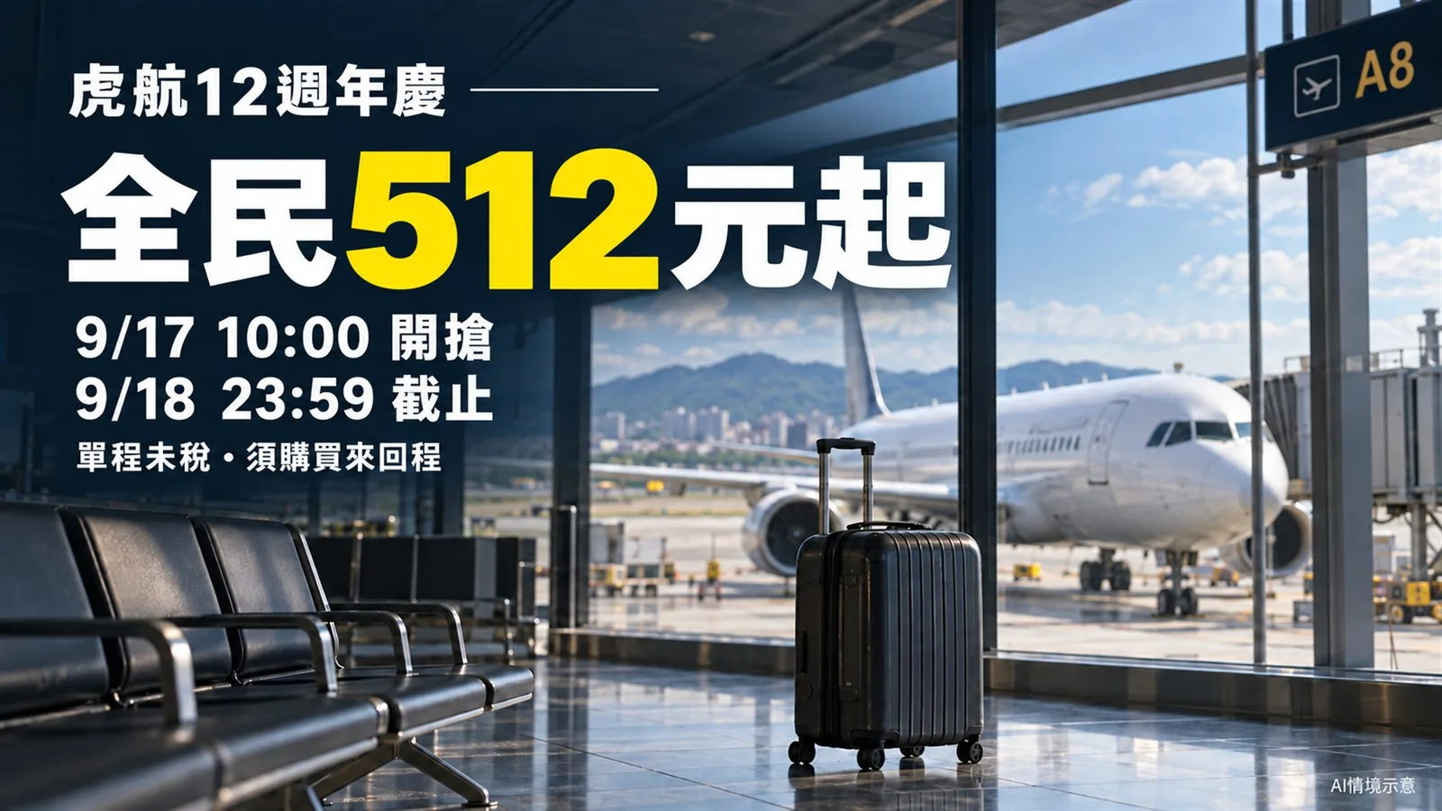 虎航12週年慶全民512元起！9月17日怎麼搶？購票時間、搭乘期間與限制