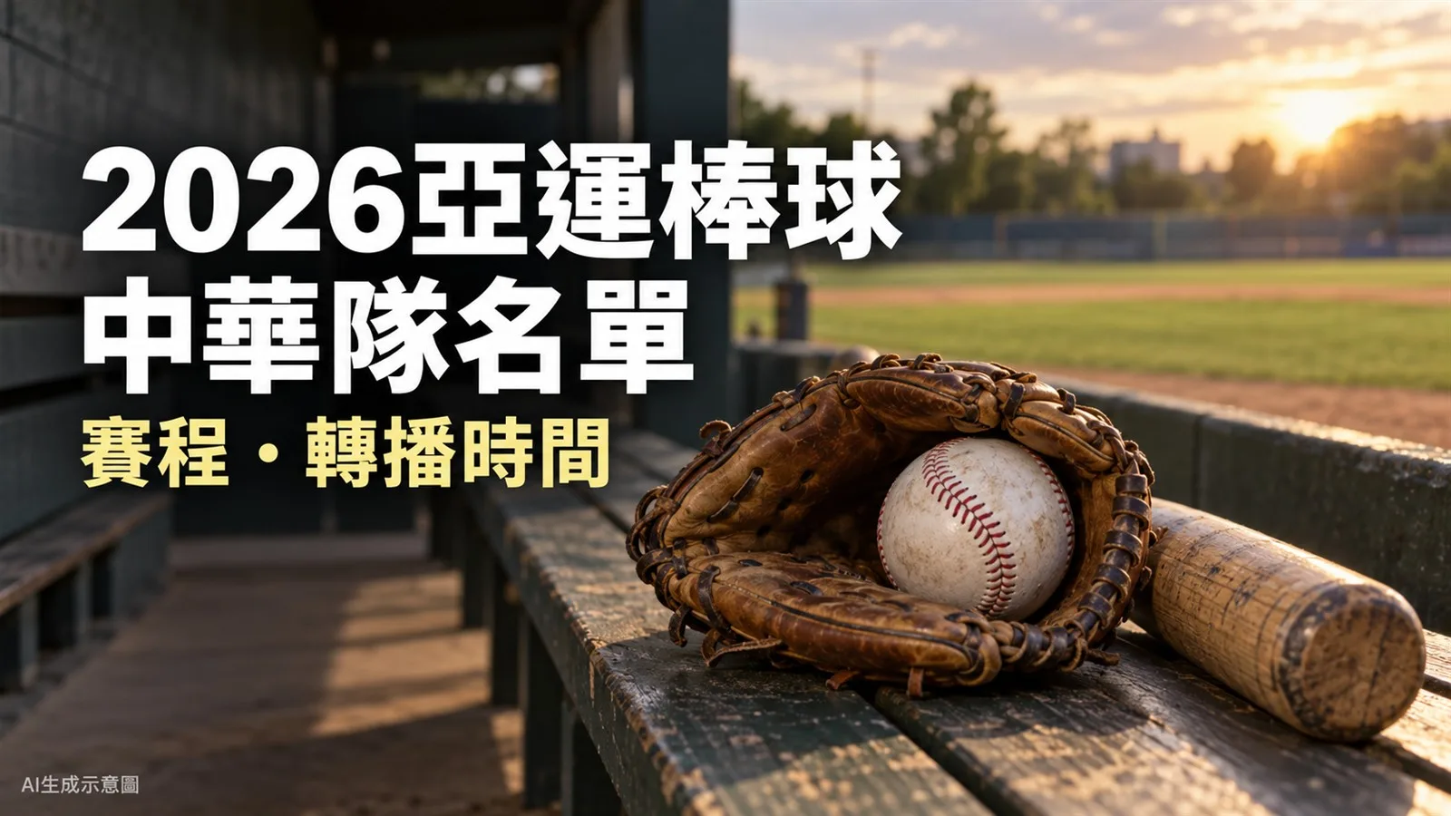 棒球手套、棒球與球棒放在球場休息區,搭配2026亞運棒球中華隊名單、賽程與轉播時間標題。
