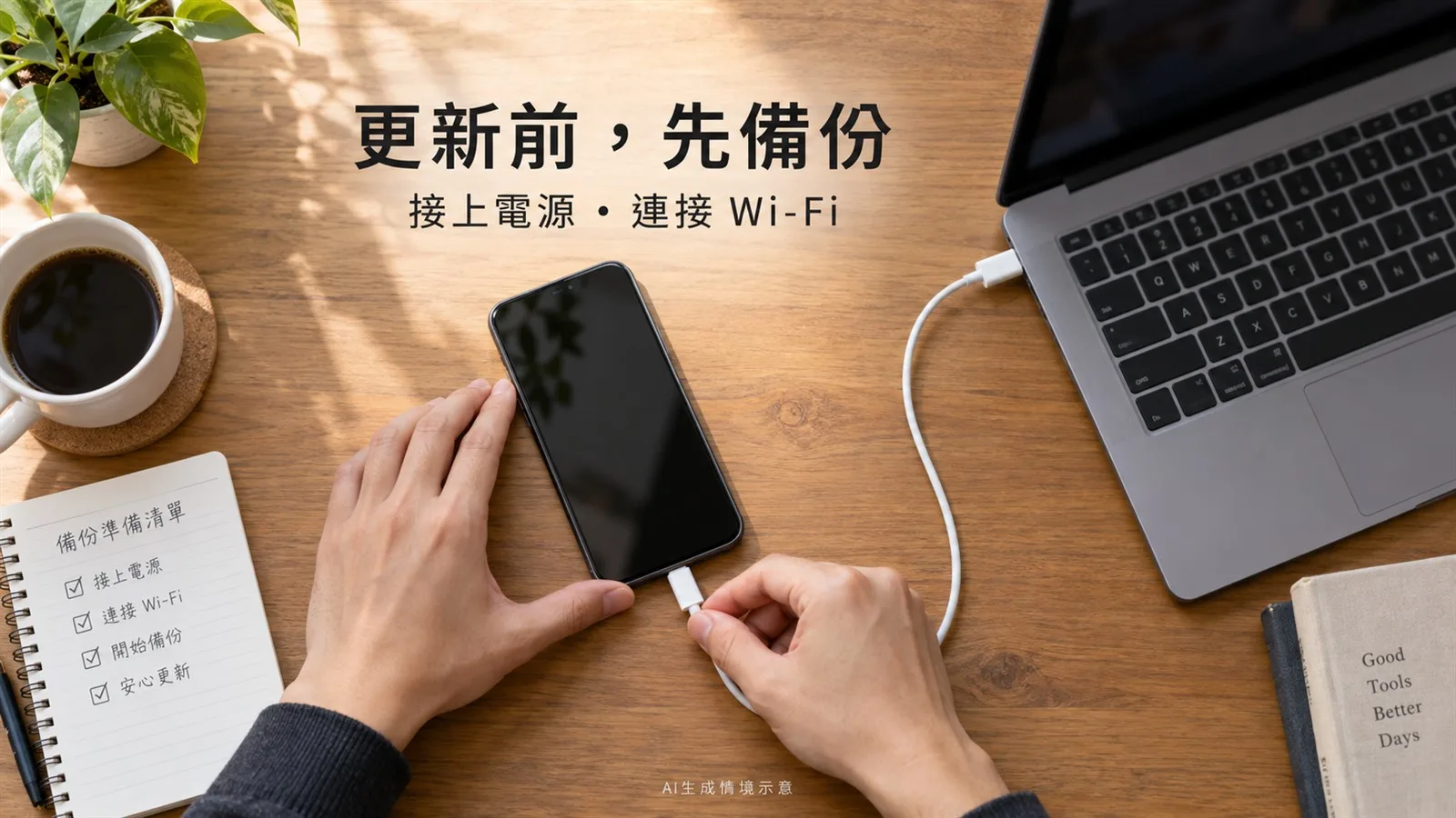 手機以線材連接電腦準備備份，提醒更新前備份並接上電源與Wi-Fi
