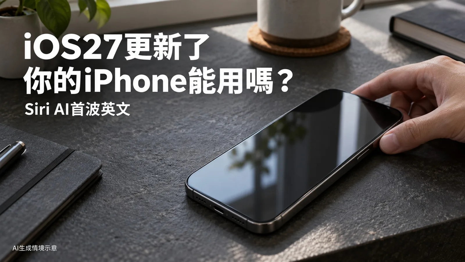 iOS27升級資格主題圖，桌上手機搭配Siri AI首波英文說明