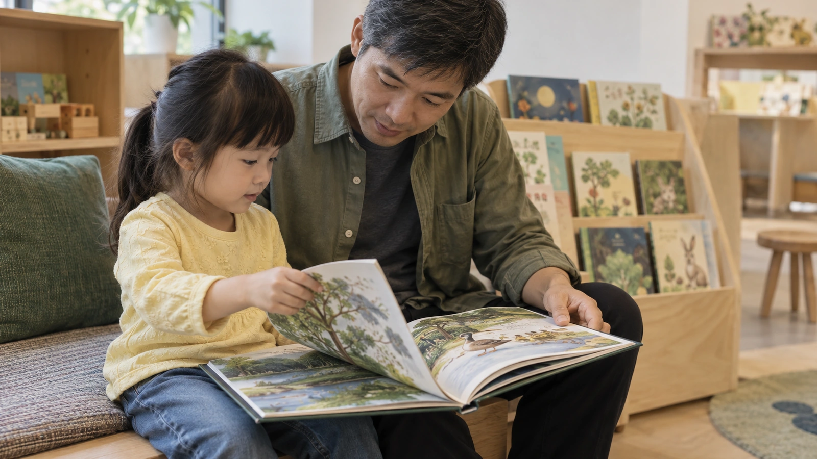 父親陪幼兒一起翻閱圖畫書的 AI 生成共讀情境。