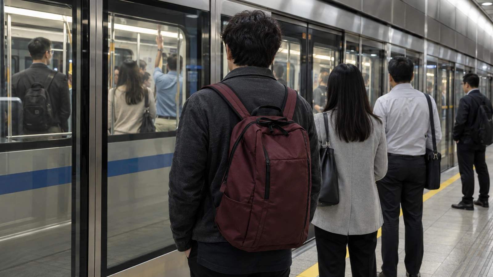 乘客在捷運月台屏蔽門前候車，車廂內有站立乘客的AI生成情境。