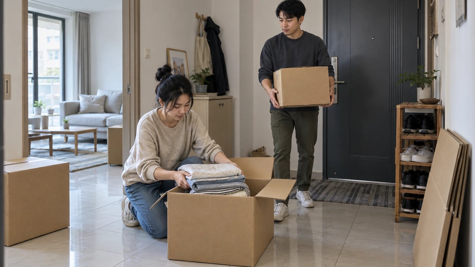 青年夫妻在住家玄關準備搬遷，女子將織品放入紙箱，男子雙手搬著另一只紙箱。