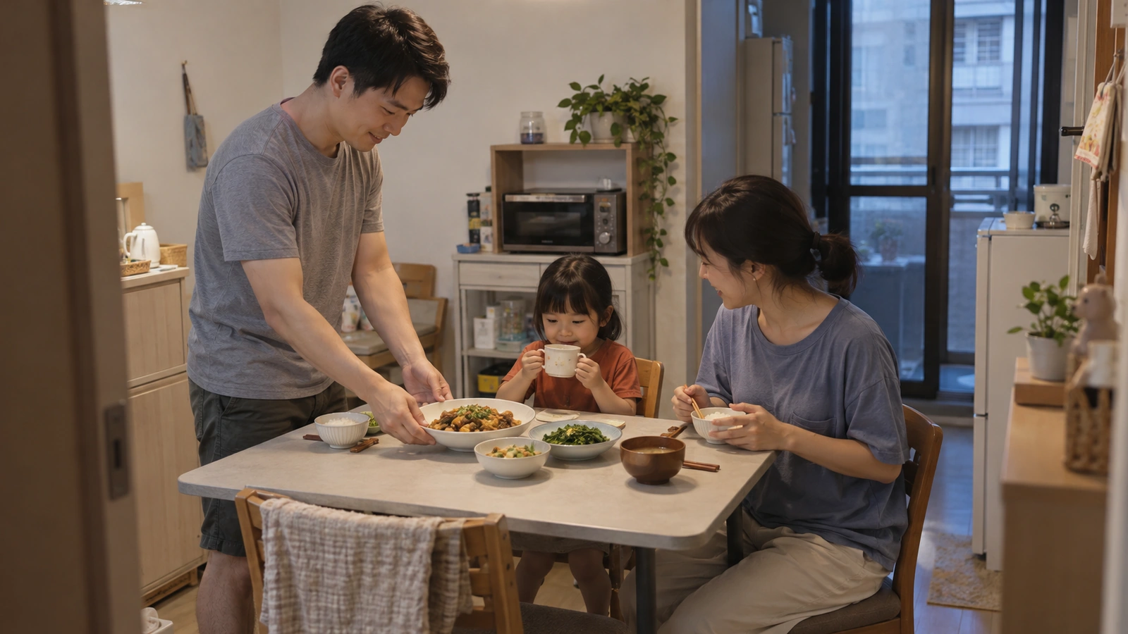 青年夫妻與孩子在家中餐桌旁準備晚餐的AI生成居家情境。