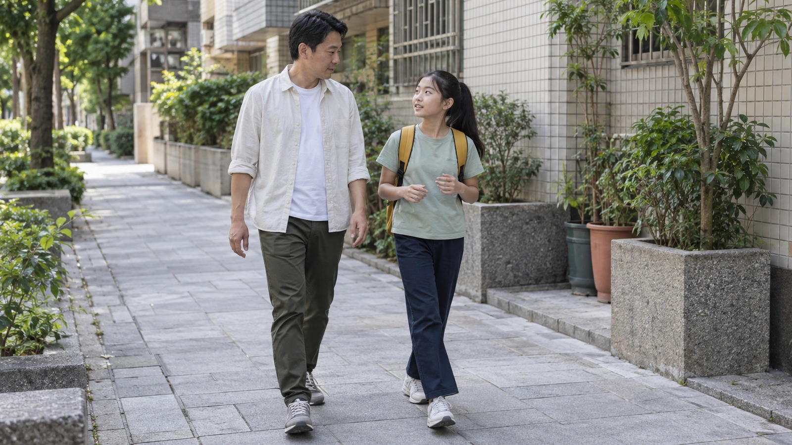 父親陪背著書包的國中生沿住宅區步道走路上學的AI生成情境。