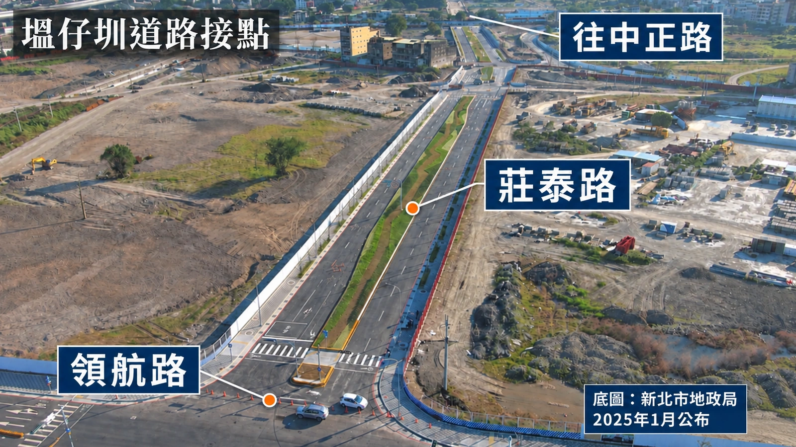 塭仔圳空拍道路標注：近處為領航路，中央為莊泰路，沿路向遠方為中正路方向。