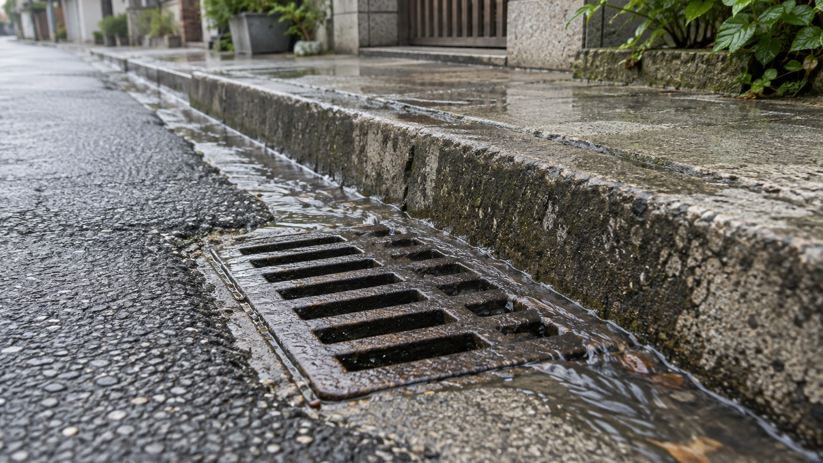 雨後道路側溝與嵌入路面的排水格柵近景。