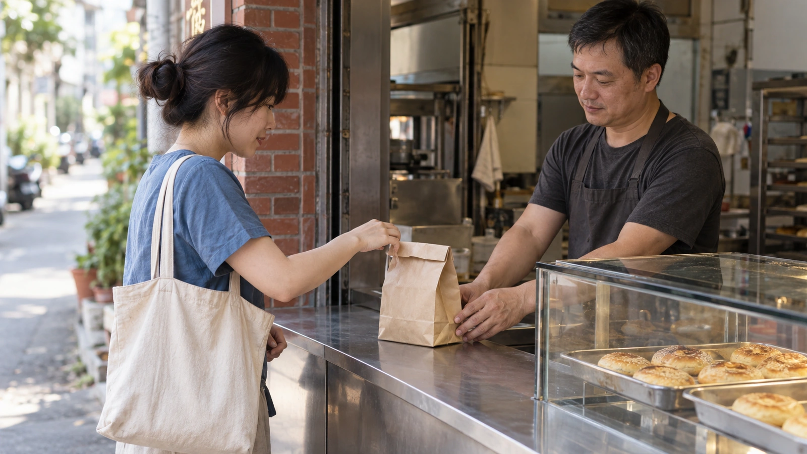 顧客在傳統糕餅店門口接過紙袋，店主隔著金屬櫃檯協助，旁邊陳列糕餅。