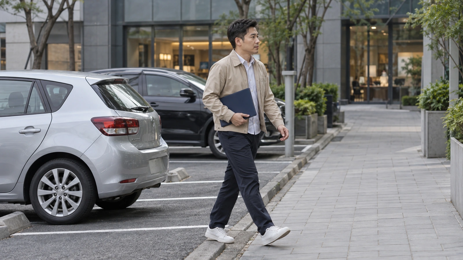 一名穿米色外套、攜帶深藍文件夾的民眾，從停車處走向辦公區步道。
