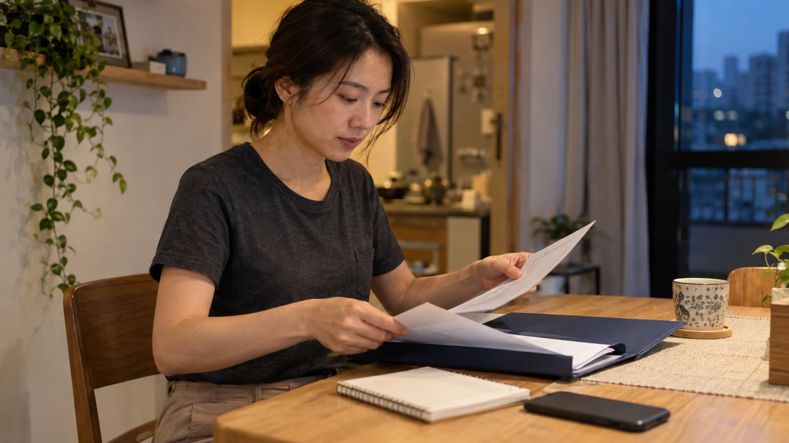 年輕成年女性在住家餐桌旁，將紙張整理進藍色資料夾，桌上有筆記本與手機。