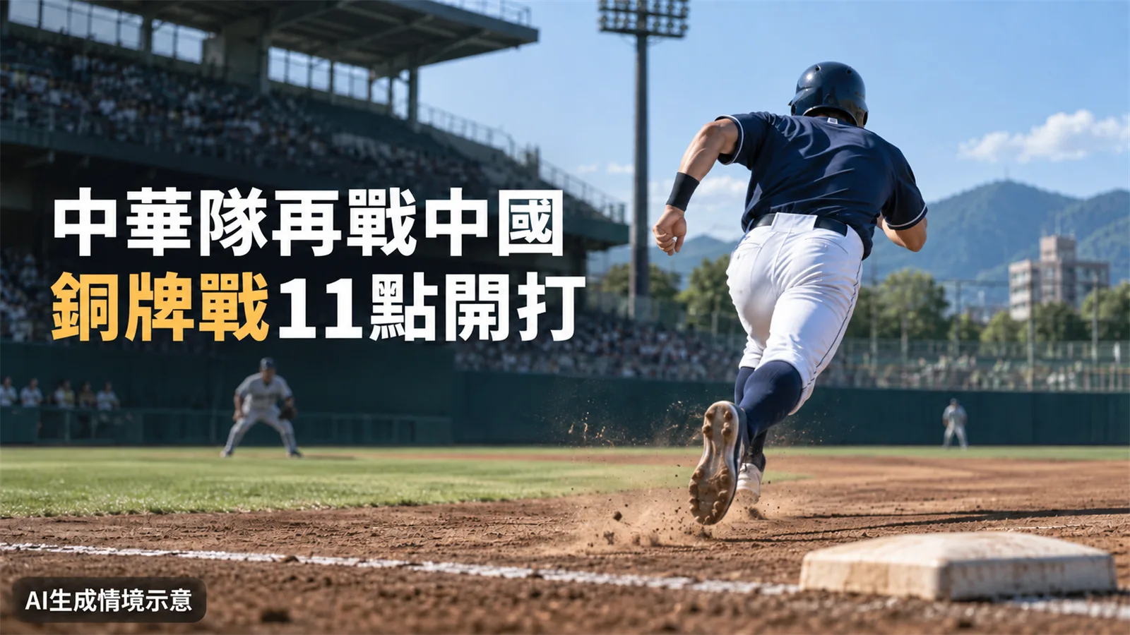 AI生成情境示意：球員在棒球場跑壘，圖上寫中華隊再戰中國、銅牌戰11點開打。
