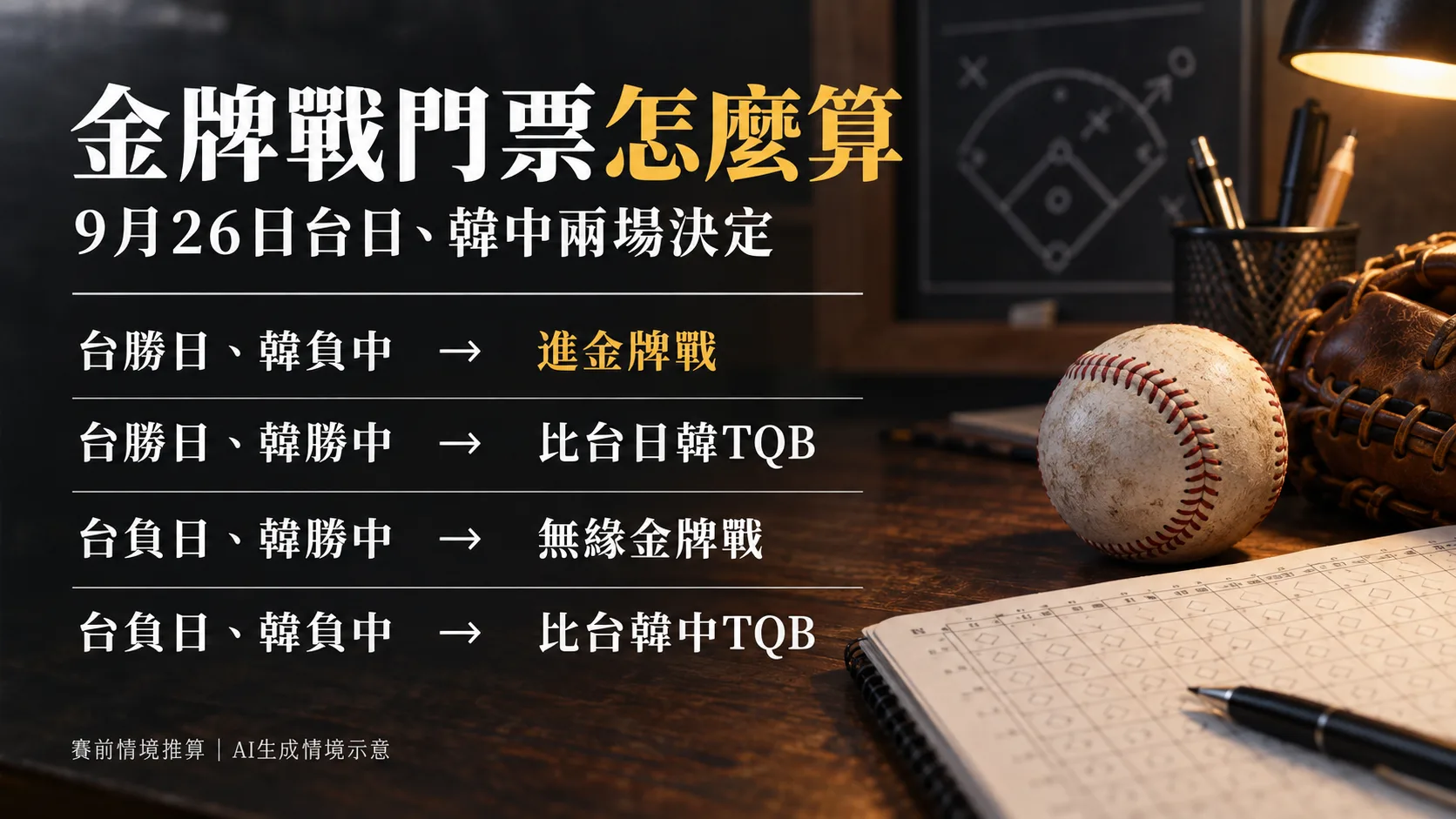 棒球記分工作桌旁列出台日戰與韓中戰四種勝負組合及金牌戰資格判斷