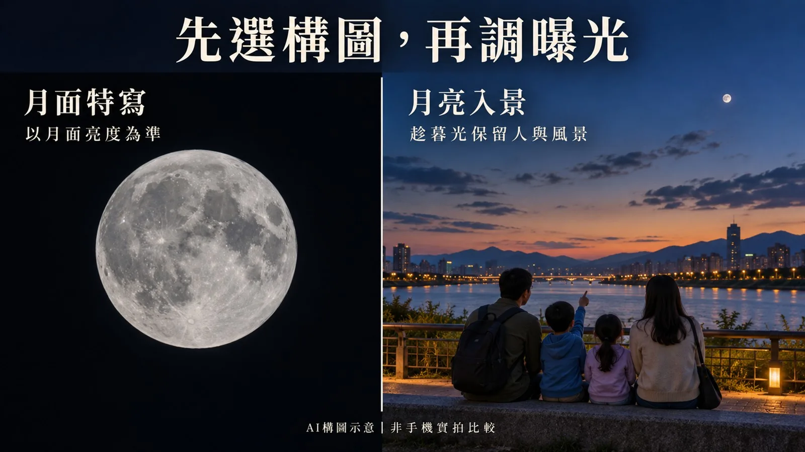 月面特寫與暮光下月亮入景兩種構圖比較