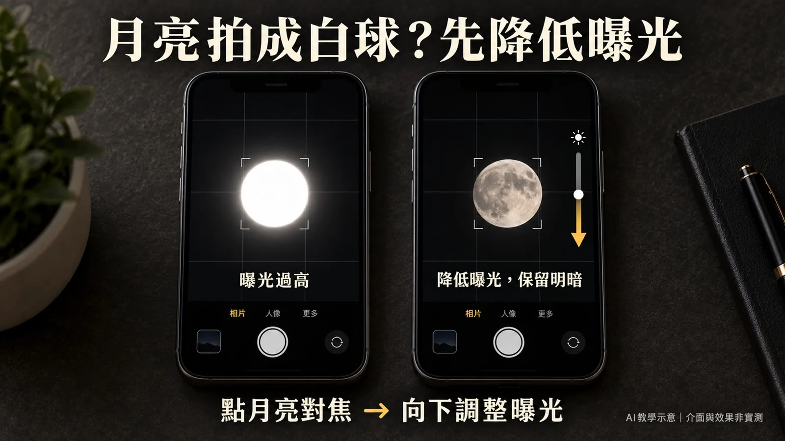 月亮過曝白球與降低曝光後保留明暗的教學示意