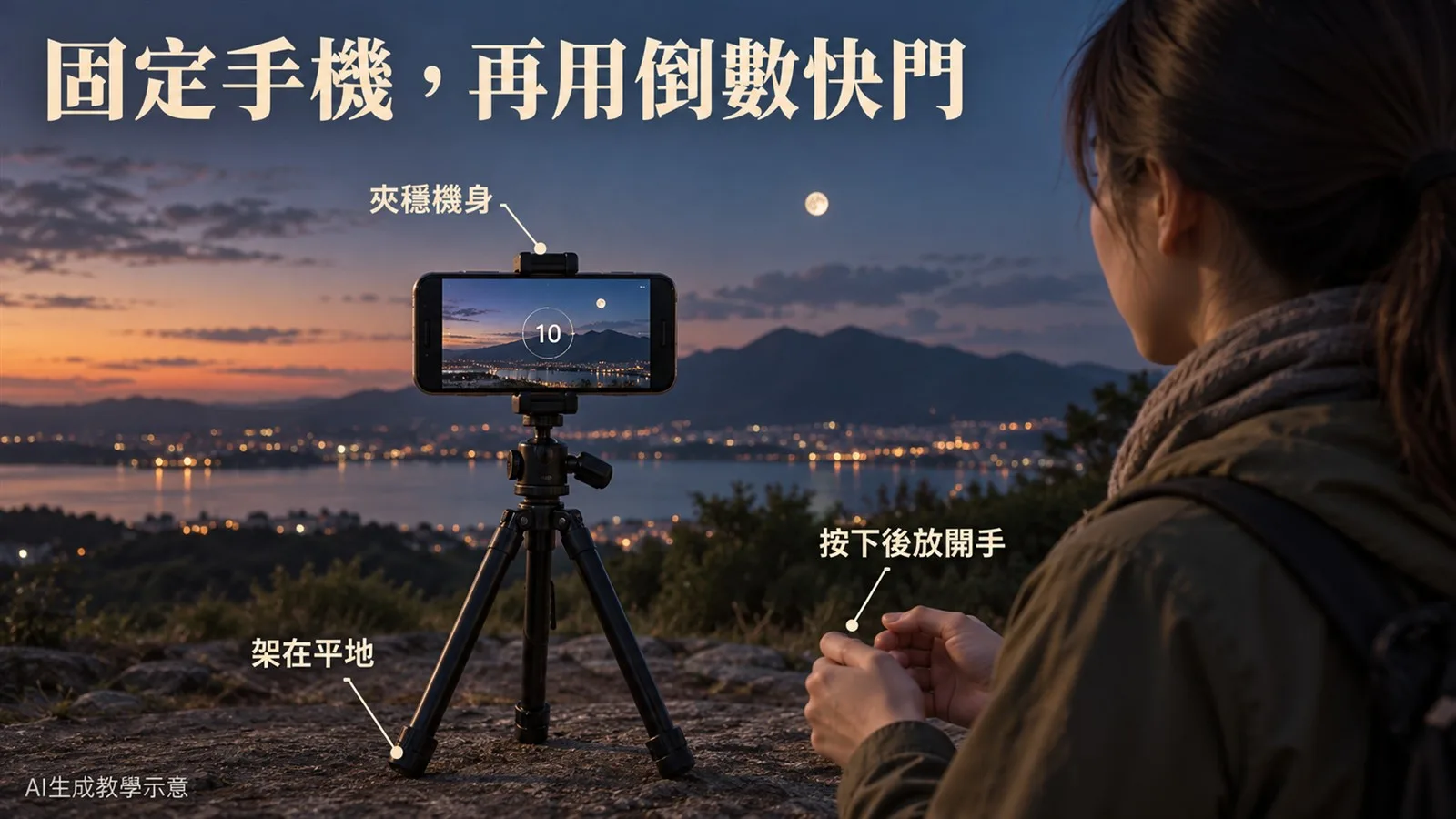手機夾穩於腳架並放在平地,使用倒數快門後雙手離開機身