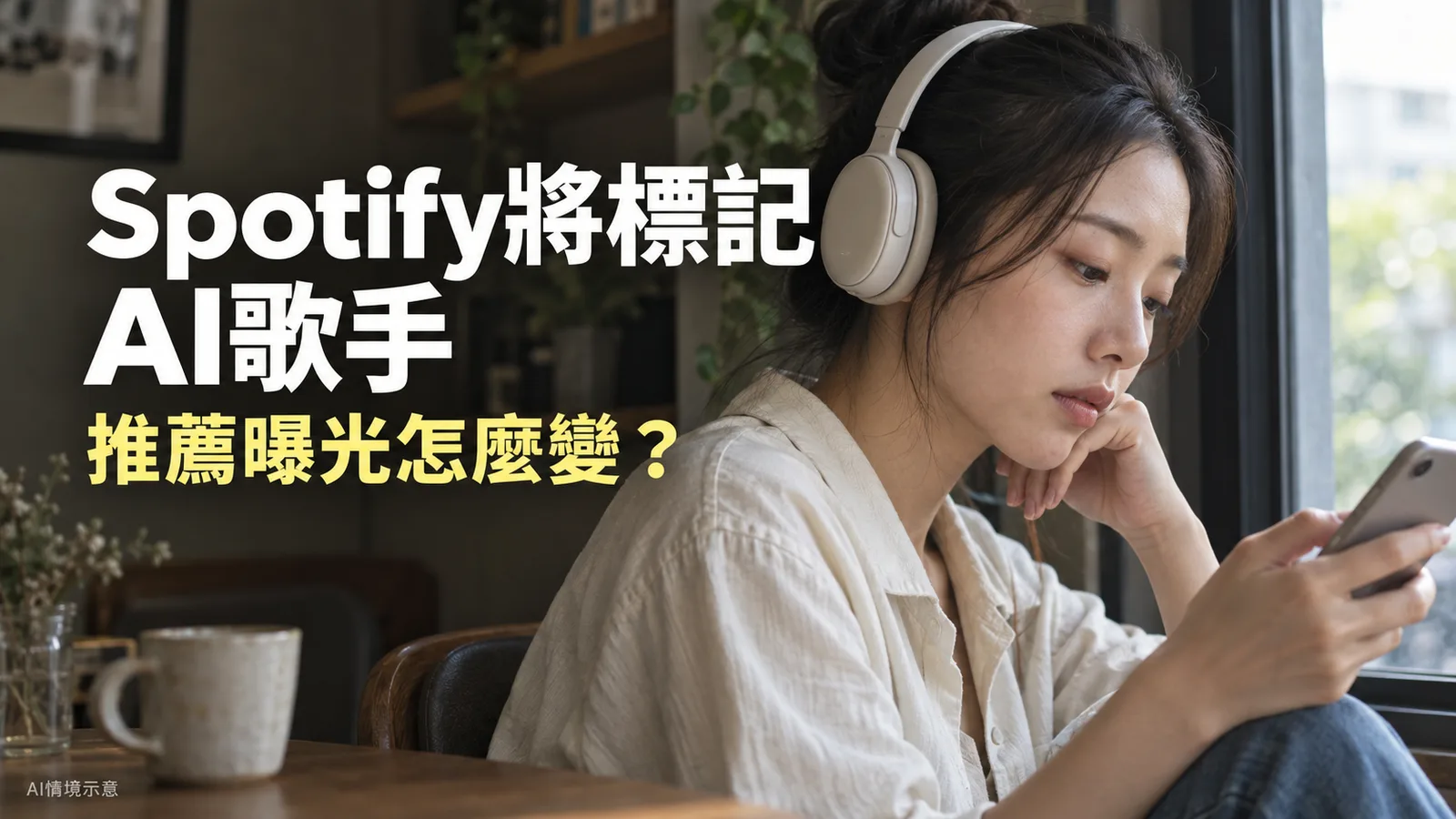 戴耳機的聽眾查看手機,圖上標題為Spotify將標記AI歌手,推薦曝光怎麼變?