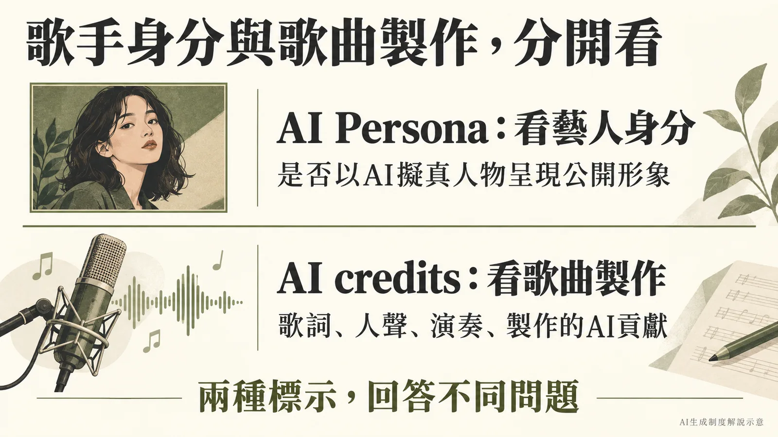 AI Persona說明藝人公開身分,AI credits說明歌詞、人聲、演奏與製作的AI貢獻